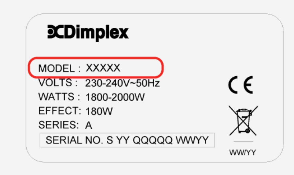 dimplex card with product number circled in red